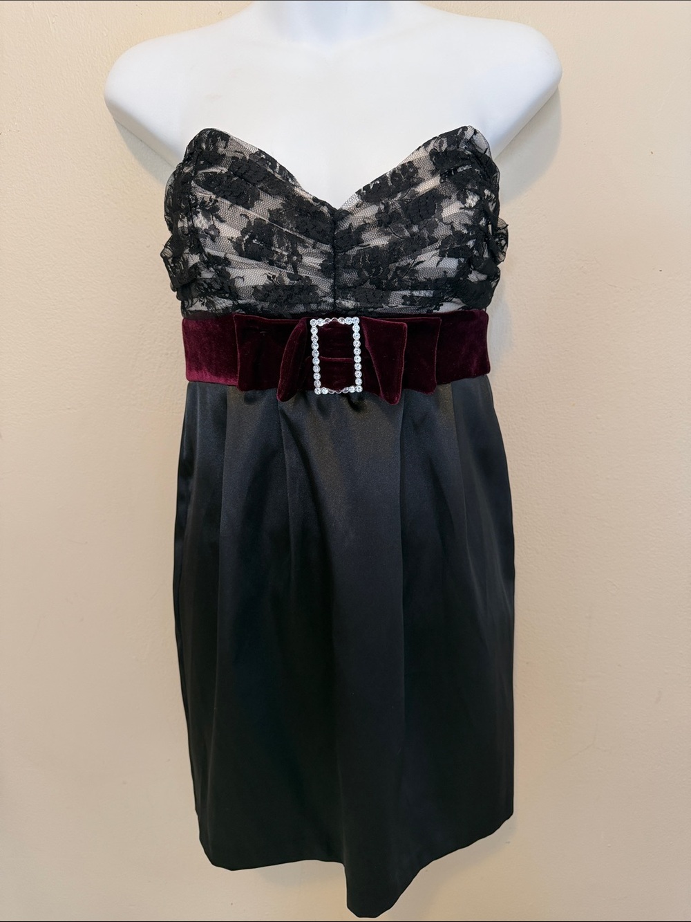 Charlotte Russe Black Lace Strapless Dress with Burgundy Velvet Waist